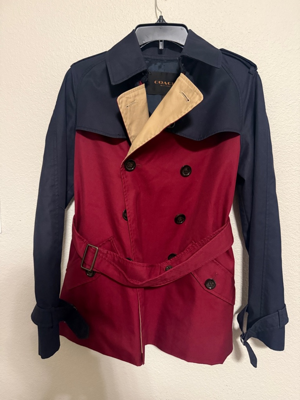 Coach Two-Tone Navy and Burgundy Trench with Tan Collar